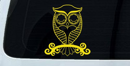 Cute Owl On Small Swirl Tree Limb Car or Truck Window Decal Sticker (Yellow)