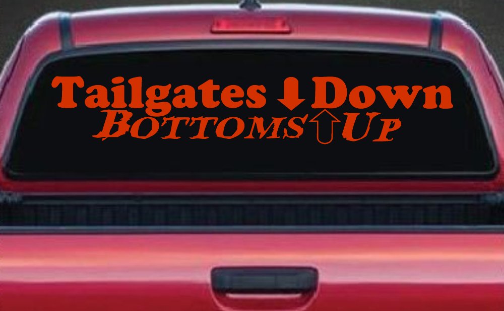 Tailgates Down Bottoms Up Country Car or Truck Window Vinyl Decal Sticker (Orange Red)
