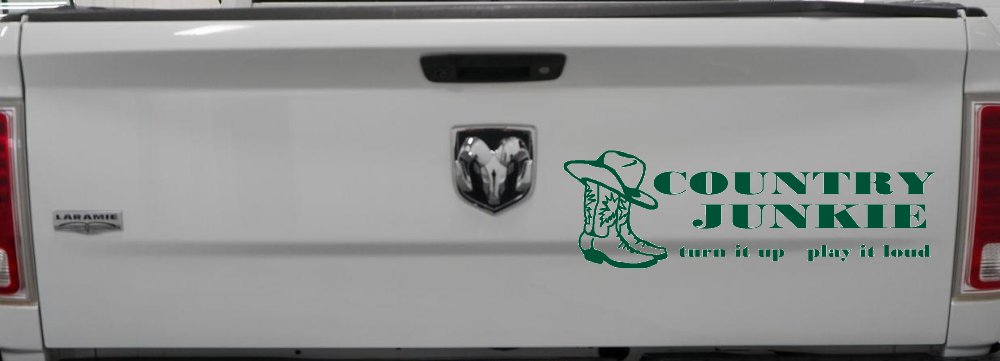 Country Junkie Turn It Up Play It Loud Country Car or Truck Window Vinyl Decal Sticker (Dark Green)