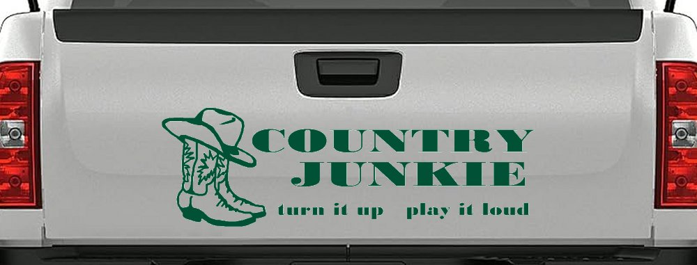Country Junkie Turn It Up Play It Loud Country Car or Truck Window Decal Sticker (Dark Green)