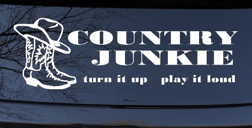 Country Junkie Turn It Up Play It Loud Country Car or Truck Window Vinyl Decal Sticker (White)