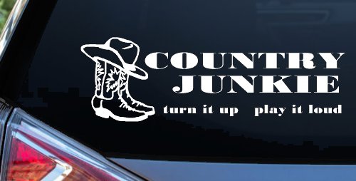 Country Junkie Turn It Up Play It Loud Country Car or Truck Window Vinyl Decal Sticker (White)