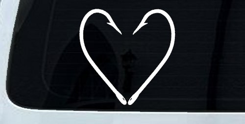 Fish Hook Heart Fishing Love Car or Truck Window Decal Sticker (White)