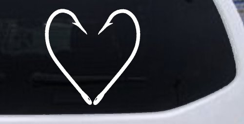 Fish Hook Heart Fishing Love Car or Truck Window Decal Sticker (White)