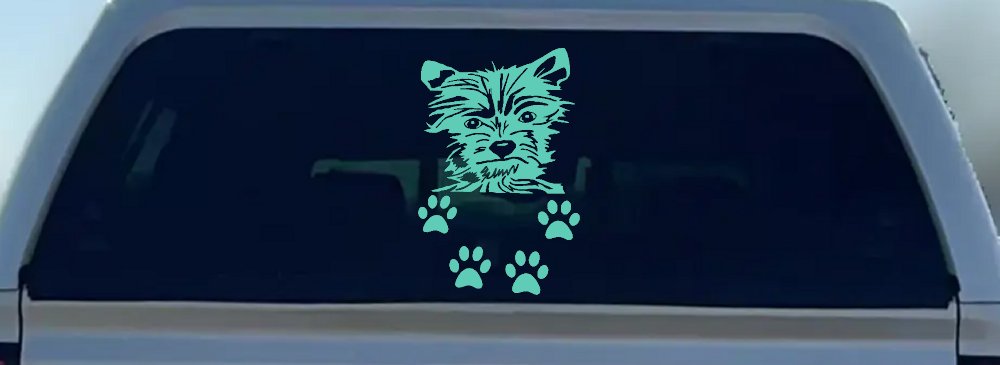 Small Dog With Paw Prints Car or Truck Window Decal Sticker (Mint)