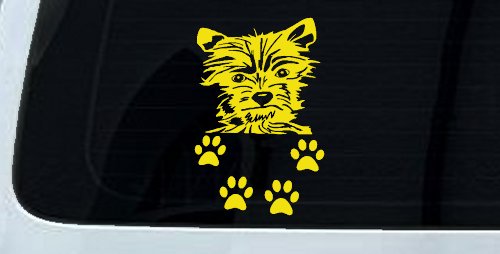 Small Dog With Paw Prints Car or Truck Window Vinyl Decal Sticker (Yellow)