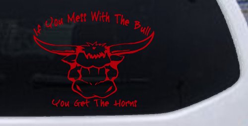 Mess With The Bull Get The Horns Country Rodeo Ranch Farm Car or Truck Window Vinyl Decal Sticker (Red)