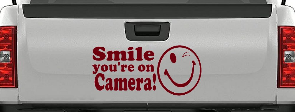 Smile You're On Camera Store Window Lettering Car or Truck Window Decal Sticker (Burgundy)