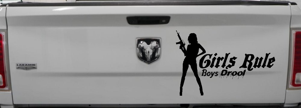 Girls Rule Boys Drool Machine Gun Girl Car or Truck Window Decal Sticker (Black)