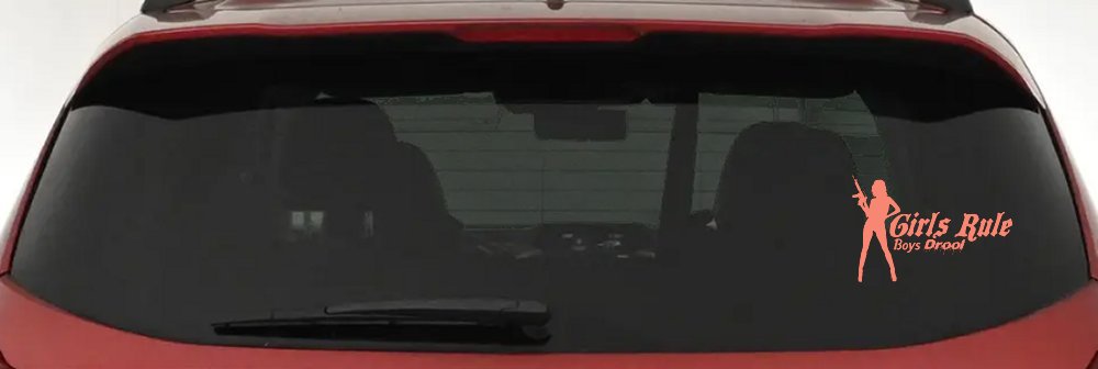 Girls Rule Boys Drool Machine Gun Girl Car or Truck Window Decal Sticker (Coral)