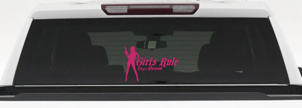 Girls Rule Boys Drool Machine Gun Girl Car or Truck Window Decal Sticker