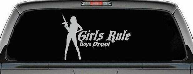 Girls Rule Boys Drool Machine Gun Girl Car or Truck Window Decal Sticker (Light Gray)