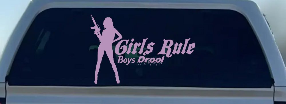 Girls Rule Boys Drool Machine Gun Girl Car or Truck Window Decal Sticker (Lilac)