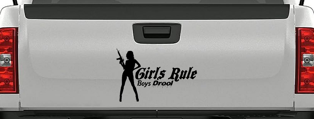 Girls Rule Boys Drool Machine Gun Girl Car or Truck Window Decal Sticker