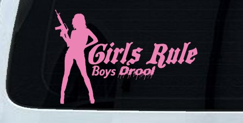 Girls Rule Boys Drool Machine Gun Girl Car or Truck Window Decal Sticker (Pink)
