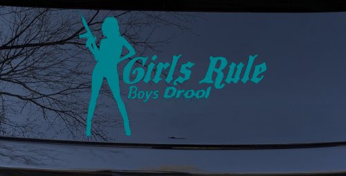Girls Rule Boys Drool Machine Gun Girl Car or Truck Window Decal Sticker (Turquoise Blue)