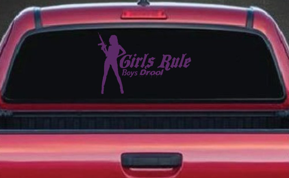 Girls Rule Boys Drool Machine Gun Girl Car or Truck Window Decal Sticker (Violet)