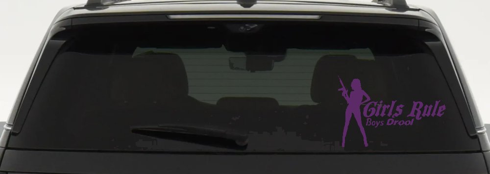 Girls Rule Boys Drool Machine Gun Girl Car or Truck Window Decal Sticker (Violet)