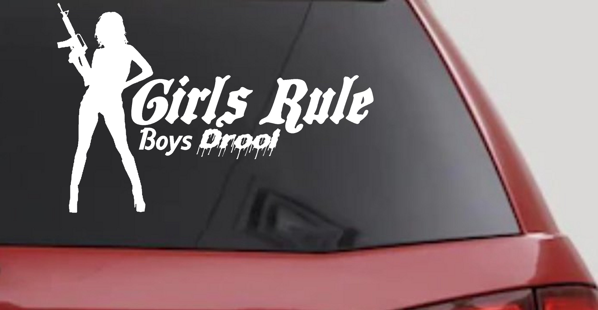 Girls Rule Boys Drool Machine Gun Girl Car or Truck Window Vinyl Decal Sticker (White)