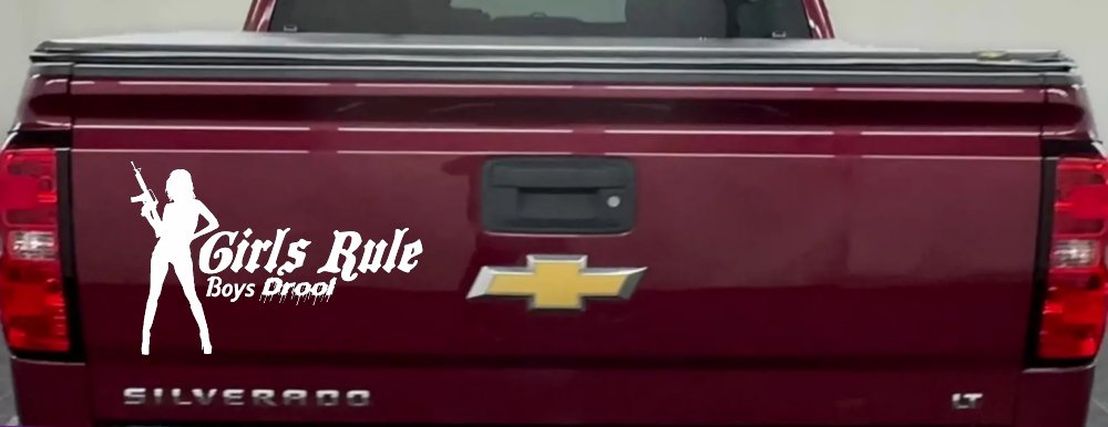 Girls Rule Boys Drool Machine Gun Girl Car or Truck Window Decal Sticker (White)