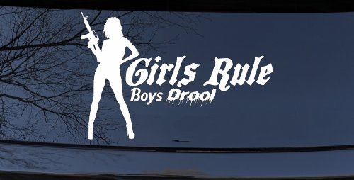 Girls Rule Boys Drool Machine Gun Girl Car or Truck Window Decal Sticker