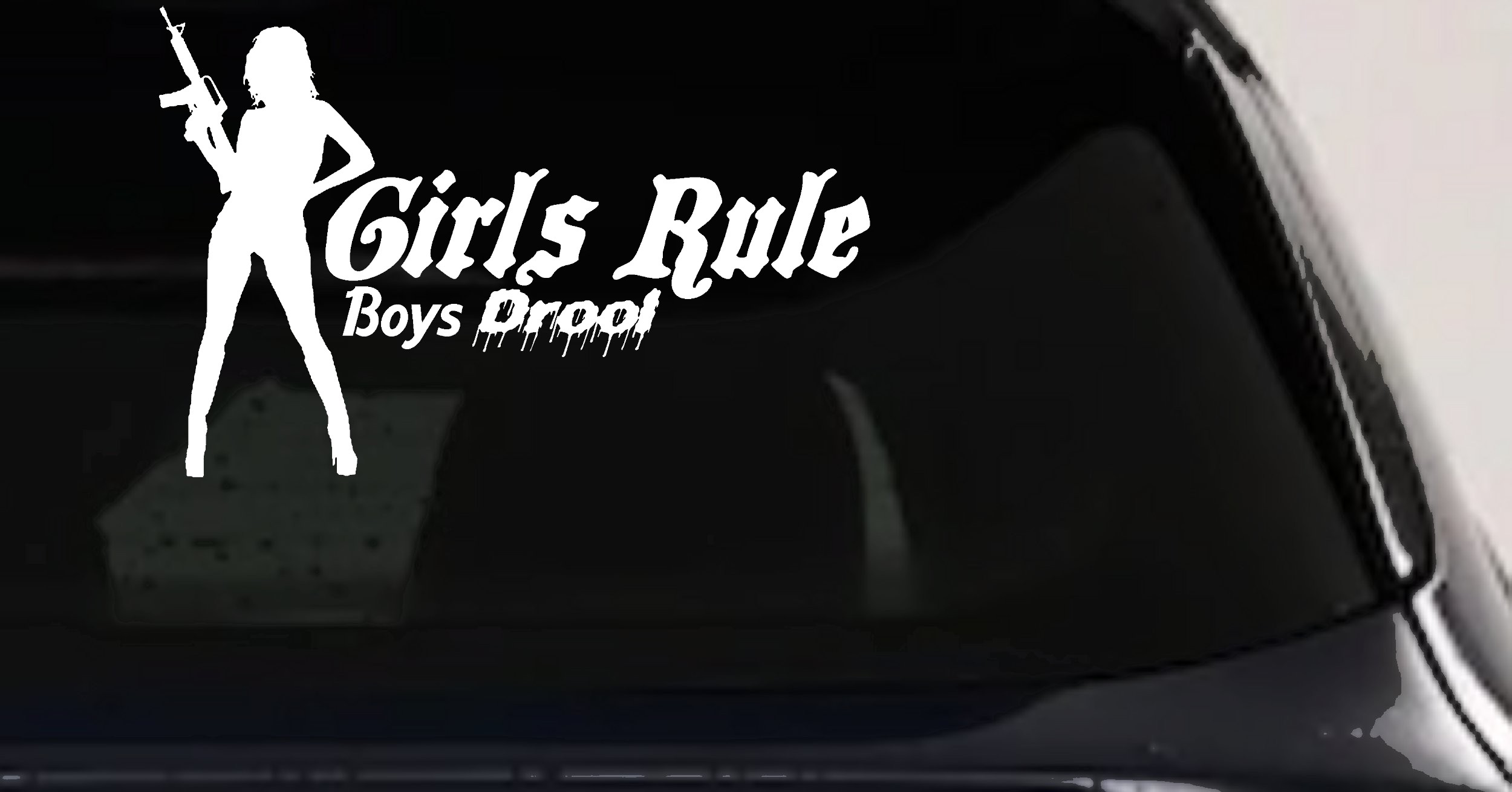 Girls Rule Boys Drool Machine Gun Girl Car or Truck Window Vinyl Decal Sticker (White)
