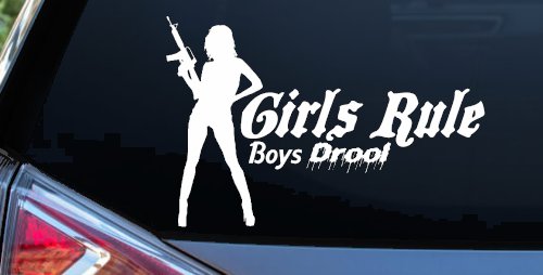 Girls Rule Boys Drool Machine Gun Girl Car or Truck Window Vinyl Decal Sticker (White)