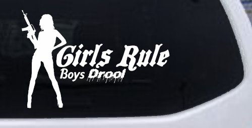 Girls Rule Boys Drool Machine Gun Girl Car or Truck Window Decal Sticker (White)