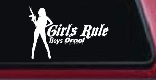 Girls Rule Boys Drool Machine Gun Girl Car or Truck Window Decal Sticker