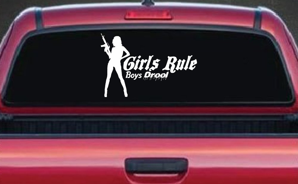 Girls Rule Boys Drool Machine Gun Girl Car or Truck Window Decal Sticker (White)
