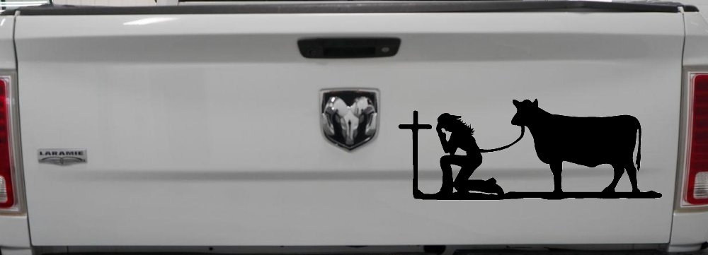 Cowgirl Kneeling At The Cross With Cow Christian Car or Truck Window Decal Sticker