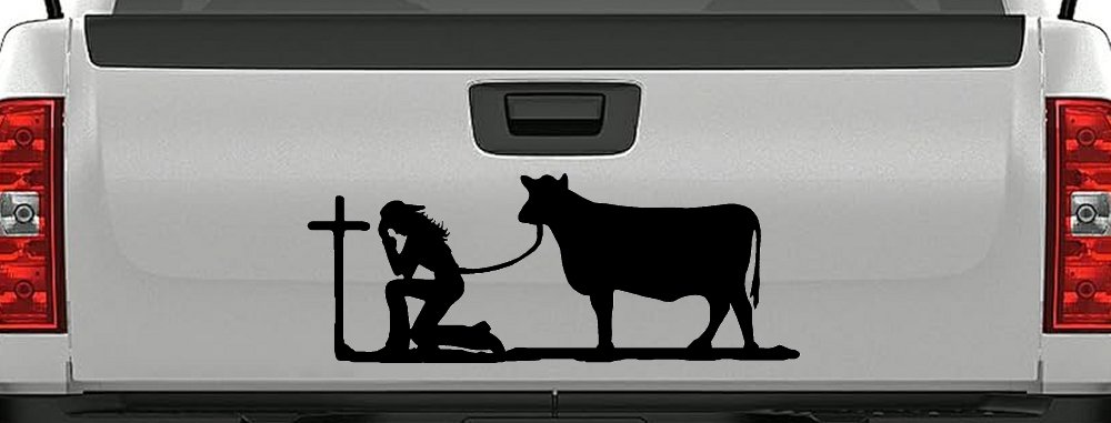 Cowgirl Kneeling At The Cross With Cow Christian Car or Truck Window Decal Sticker