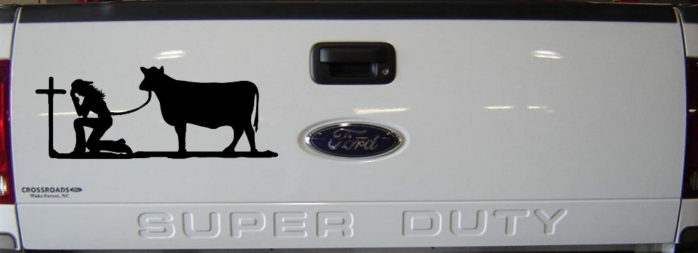 Cowgirl Kneeling At The Cross With Cow Christian Car or Truck Window Decal Sticker