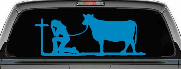 Cowgirl Kneeling At The Cross With Cow Christian Car or Truck Window Decal Sticker