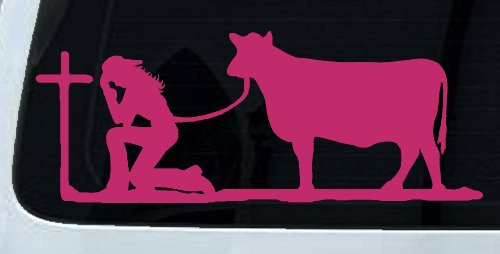 Cowgirl Kneeling At The Cross With Cow Christian Car or Truck Window Decal Sticker