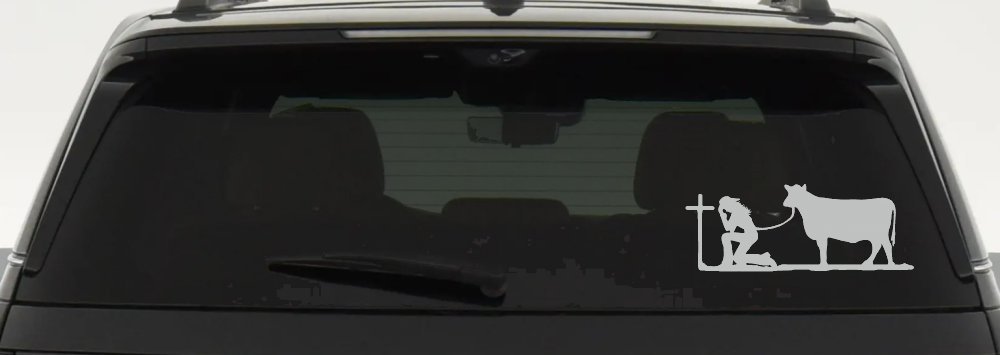 Cowgirl Kneeling At The Cross With Cow Christian Car or Truck Window Decal Sticker (Light Gray)