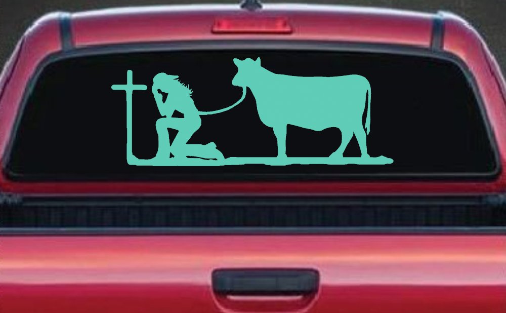 Cowgirl Kneeling At The Cross With Cow Christian Car or Truck Window Decal Sticker