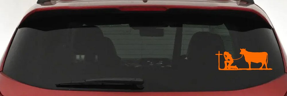 Cowgirl Kneeling At The Cross With Cow Christian Car or Truck Window Vinyl Decal Sticker (Orange)