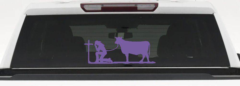 Cowgirl Kneeling At The Cross With Cow Christian Car or Truck Window Decal Sticker (Purple)