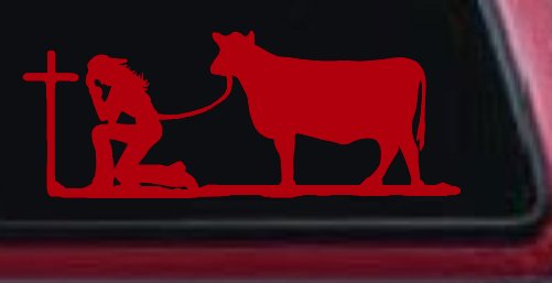 Cowgirl Kneeling At The Cross With Cow Christian Car or Truck Window Decal Sticker (Red)
