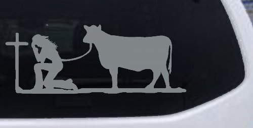 Cowgirl Kneeling At The Cross With Cow Christian Car or Truck Window Decal Sticker