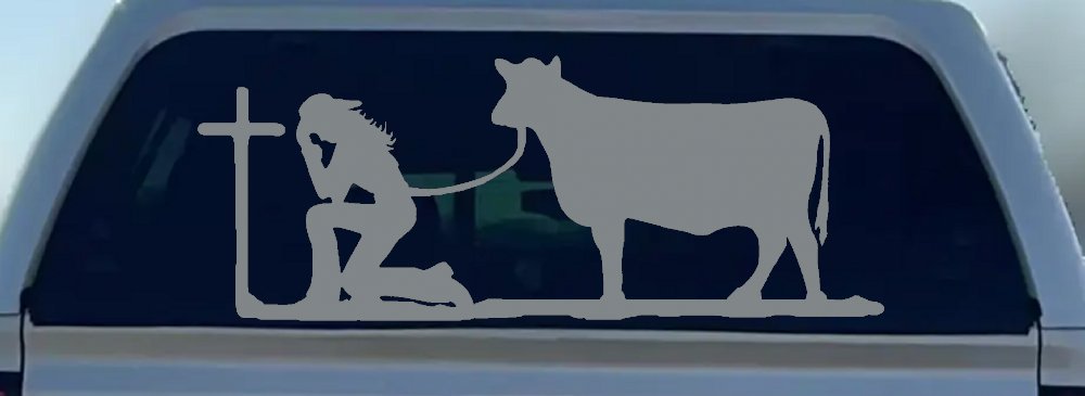 Cowgirl Kneeling At The Cross With Cow Christian Car or Truck Window Decal Sticker (Telegrey)