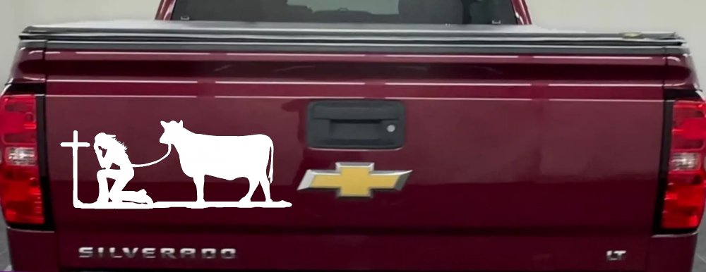 Cowgirl Kneeling At The Cross With Cow Christian Car or Truck Window Vinyl Decal Sticker (White)