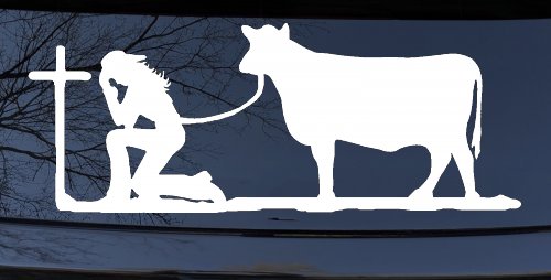 Cowgirl Kneeling At The Cross With Cow Christian Car or Truck Window Decal Sticker (White)