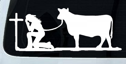 Cowgirl Kneeling At The Cross With Cow Christian Car or Truck Window Decal Sticker