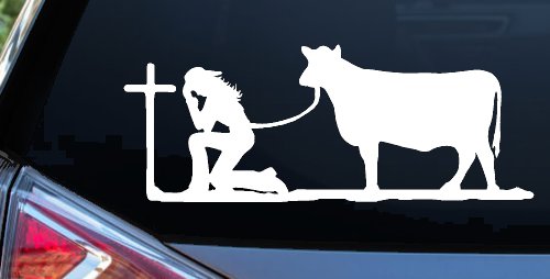 Cowgirl Kneeling At The Cross With Cow Christian Car or Truck Window Decal Sticker (White)