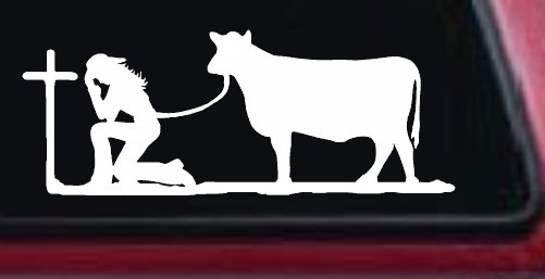 Cowgirl Kneeling At The Cross With Cow Christian Car or Truck Window Decal Sticker (White)