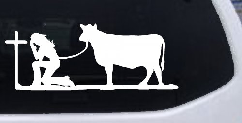Cowgirl Kneeling At The Cross With Cow Christian Car or Truck Window Decal Sticker
