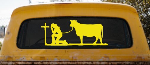 Cowgirl Kneeling At The Cross With Cow Christian Car or Truck Window Decal Sticker