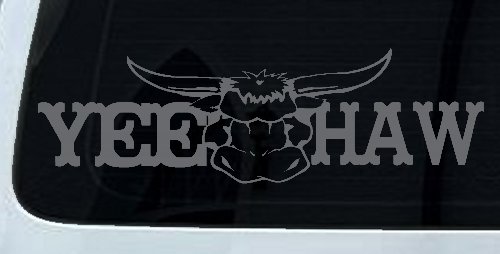 Yee Haw with Longhorn Skull Country Car or Truck Window Decal Sticker (Silver)